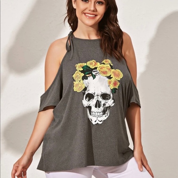 Floral & Skull Cold Shoulder Tee - Picture 1 of 1